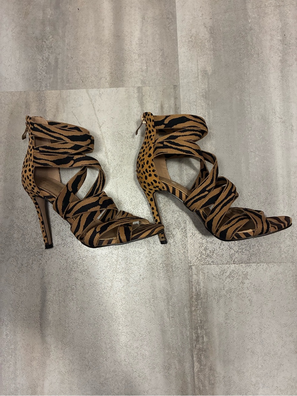 Nicole Miller Tiger-Print Strappy High Heels — Brown/Black - Picture 3 of 7